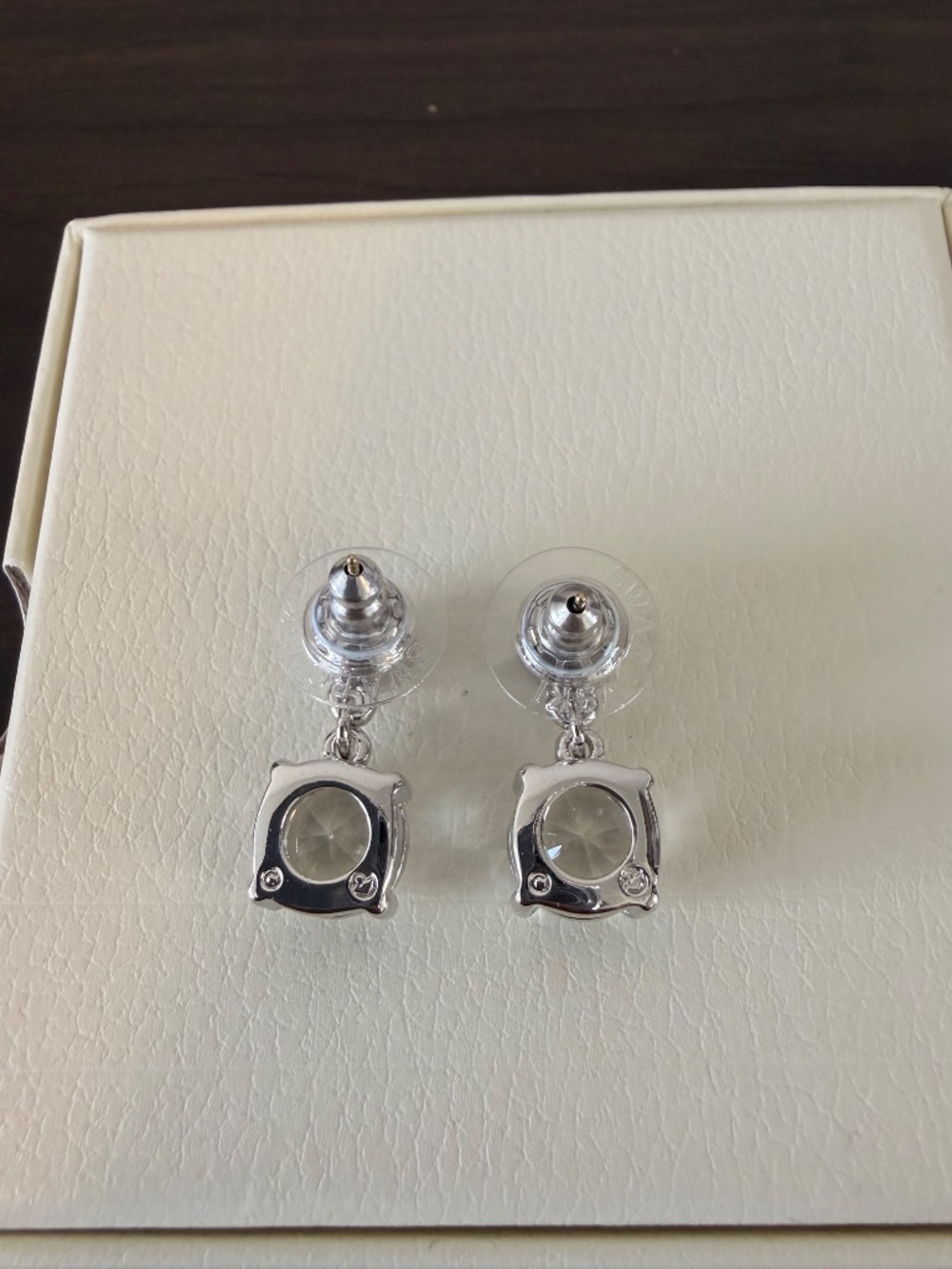 warovski Two-Stone Round Drop Earrings Silver Tone - Picture 5 of 5